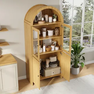 MODFU Sideboard Gewölbte Decke Glastüren Mehrstufiger Stauraum Geschlossener Aufbewahrungsschrank mit Wellenmuster Natur
