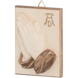 HOLZRELIEF BETENDE HÄNDE NACH DÜRER aus BERGAHORN mit PATINIERTER GOLDAKZENTEN in NATUR 11 x 8,5 cm – christliche WANDDEKO aus Südtirol Geschenk zur KONFIRMATION KOMMUNION FIRMUNG oder zum EINZUG