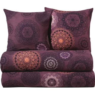 Erwin Müller Bettwäsche, Bettgarnitur Sparpaket 4-TLG. Flanell - Mandala - mollig warm, temperaturregulierend, mit praktischem Reißverschluss - aubergine Größe 80x80 cm / 135x200 cm