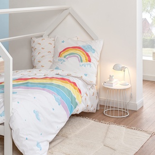 MTOnlinehandel Regenbogen Biber Bettwäsche 135x200 kuschelig · Kinderbettwäsche Mädchen und Jungen · Kissenbezug 80x80 + Bettbezug 135x200 cm - 100% Baumwolle