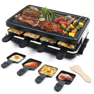 Raclette 8 Personen - Raclette Grill Antihaft, 8 Pfännchen, 1300 W | Raclette Grill für 2 bis 8 Personen, 1300 W, Antihaft-Grillplatte 37,5 x 25 cm, 8 Mini-Pfännchen, 4 Holzspatel
