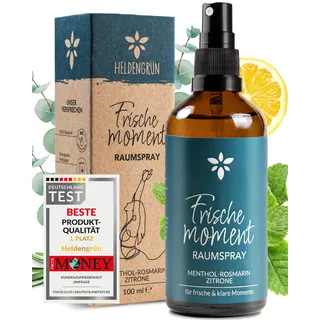 Heldengrün® Raumspray "Frischemoment" [ECHTE BIO-ÖLE] Dermatologisch getestet - Frische Luft Raumspray - Bio Raumduft mit Minze, Rosmarin & Zitrone - Textil Duftspray & Lufterfrischer