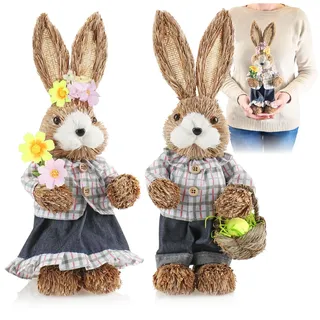 com-four® 2X XL Stroh Osterhase handgemacht - 33 cm Deko-Osterhase zur Osterdekoration - Strohfiguren für Ostern - Deko-Hase aus Stroh - handgefertigte Hasen (02 Stück - weiß/rot/grün kariert)