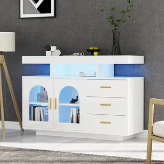 QQJIN Sideboard Weiss Hochglanz, 120cm Sideboard Küche mit RGB-LED, Acryltür & 3 Schubladen für Wohnzimmer, Flur, Büro,G