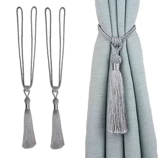 Vorhang Raffhalter Vorhang Seilquasten mit Fransen und Quaste handgefertigt für Haus Dekoration 2 Stück (Silver, 2)