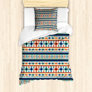 ABAKUHAUS Abstrakt Mantele, Aztec Geometrie Primitive, Milbensicher Allergiker geeignet mit Kissenbezügen, 135 cm x 200 cm - 80 x 80 cm, Blau Weiß und orange - Blau