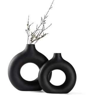 SAWOAKE Vasen für pampasgras, Schwarze Keramikvase 2er Set für Moderne Home Decor, Neutral Boho Nordic Minimalismus Stil Blumenvasen, Idee Regal,Tisch,(Groß+klein)