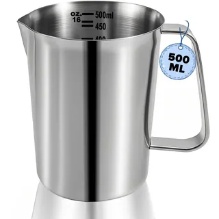 WJMY Messbecher 0.5L Edelstahl, metall messbecher Mit Griff, Mit Unzen- Und Ml-Skala, Lebensmittelqualität 304 Edelstah, fur Milchkännchen, Kaffeekanne, Eiskübel, Spülmaschinenfest, Silber (500ML)