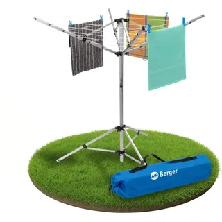 BERGER Super Pop Up Wäschespinne & Sat-Stativ | wetterfest & leicht | Wäscheschirm Wäscheständer mit Standfuß inkl. Packsack & Erdnägeln | für Camping & Balkon (Silber)