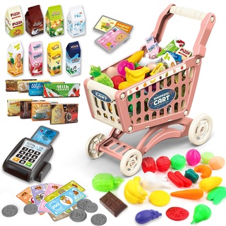 deAO Kinder Einkaufswagen Wagen für Lebensmittel Kleinkinder 65 Lebensmittel Obst Gemüse Pretend Play Lebensmittel Rolle Spielen Pädagogisches Spielzeug Spielen Küche Spielzeug Speichern Playset (Rot)