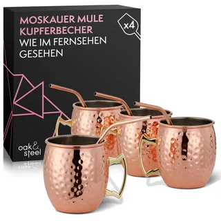 Oak & Steel - 4 Set Premium Moscow Mule Becher Geschenkset - 4 Kupferbecher (550ml), 4 Metallstrohhalme & 1 Reinigungsbürste - Cocktail & Kalte Getränke - Unzerbrechlich
