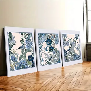 Uixxducc Moderne Poster 3er Set Wandbilder Blaue Blumenbilder Botanische Illustrationen Deko Bilder Für Wohnzimmer Schlafzimmer Ohne Rahmen Kunstdruck Leinwandbild (21x30cm,A)