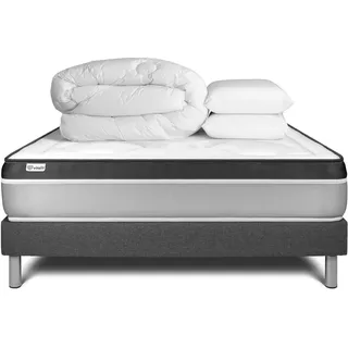 Komplettpaket Bett - Matratze 180x200 cm + Boxspringbett mit Lattenrost (im Set) + 2 Kopfkissen + Bettdecke - Vital Ergo - Grau