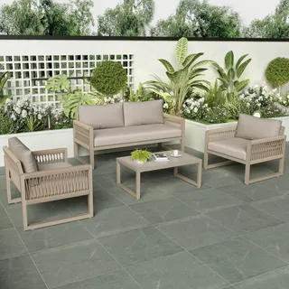 Merax Gartenlounge-Set mit Stahlrahmen, Gartenmöbel Set Rope Seil Geflecht, 4-tlg.Sitzgruppe mit Sofa, Sessel und Couchtisch, Loungeset für 4 Personen - Braun