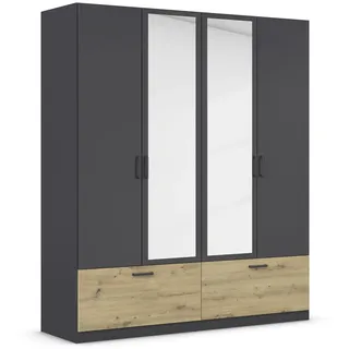 Rauch Kleiderschrank, Schrank Garderobe Wäscheschrank BARI mit Spiegel, 2 Schubladen für Stauraum, Farbe Graumetallic, Schwarz/Eiche Artisan, Holz, Griffe grau metallic, 181x210x54cm