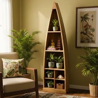 OPIUM OUTLET Bücherregal Massivholz Regal Regalwand Wandregal Vitrine Schrank Raumteiler Eckregal Möbel in Bootsform asiatisch indisch - Braun