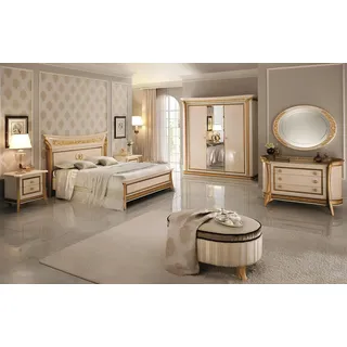 Schlafzimmer Set Design Bett 2x Nachttisch Kommode Hocker arredoclassic 7tlg. - Beige