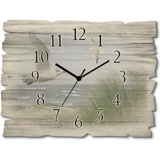 ARTland Holz Wanduhr Funkuhr - schwarzer Zeiger Nordseestrand mit Möwen Größe: 40x30 cm - Blau