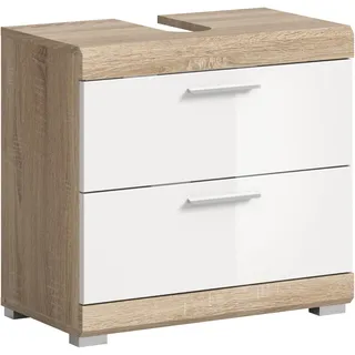 xonox.home Waschbeckenunterschrank Badunterschrank Waschbecken Unterschrank Schrank in Front Weiß Hochglanz Korpus Sonoma Eiche hell Nb., ca.60x56x34 cm mit 2 Schubladen, 60x56x37 FSC Mix, stehend, Badezimmer, Lambada