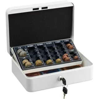 Relaxdays Geldkassette, abschließbar, Eisen, Münzzählbrett, Kleingeld & Scheine, HxBxT: 9 x 25 x 18 cm, Kassa, weiß