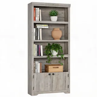 IDEALHOUSE Landhaus Bücherregal 175 cm, Bücherschrank Mit 5 Ebenen-2 Türen | Standregal mit verstellbare rutschfeste Einlegeböden, offenes Aufbewahrungsregal für Homeoffice&Wohnzimmer