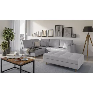 S-STYLE MÖBEL - Ecksofa und Fußhocker mit Holzfüßen im skandinavischen Stil Marco aus Grau Luxusmicrofaser - Ottomane links, B/T/H:231 cm/161 cm/81 cm - Dunkelblau