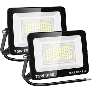 RIGIDON 2x 75W LED Strahler Außen, 7500LM Außenstrahler, 6000K Kaltweiß IP66 Wasserdicht LED Fluter Scheinwerfer Flutlicht, Außenlampe für Garten, Innenhöfe, Garage, Hotel, Sportplatz, Werkstatt