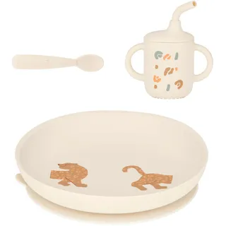 Babymoov Baby Geschirrset Little Roar - ab 9 Monate - 3er Set Silikon, Trinklernbecher, Teller mit Saugnapf, Babylöffel, BPA-frei, Spülmaschinenfest