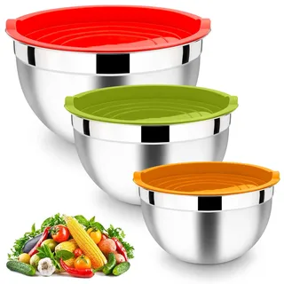 HaWare Rührschüssel, Edelstahl Schüssel Salatschüssel 3er Set mit Luftdichtem Deckel, Perfekt für Backen/Kochen/Zubereitung, Stapelbar & Spülmaschinenfest, 4.5L / 2.7L / 1.5L - Bunt