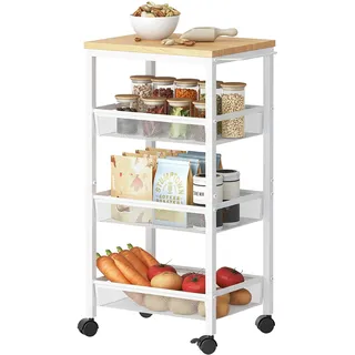Relaxdays Nischenwagen, HxBxT: 77x22x45 cm, schmales Nischenregal Bad & Küche, 4 Ebenen, Rollregal Metall, natur/weiß