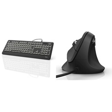Hama USB Tastatur beleuchtet mit Kabel KC-550 (laserbeschriftet, deutsches Tastenlayout QWERTZ, 12 Media-Tasten, flach, extra langes Kabel 180 cm) schwarz & ergonomische Maus schwarz