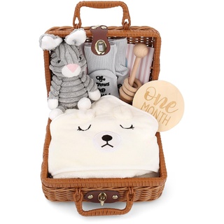 Baby Geburt Geschenk Personalisiert Jungen und Mädchen Neugeborenen Geschenk Set Babydecken, Holzspielzeug, Plüschtiere, Grußkarten, Geburtskarten, Socken, Geschenkboxen Körbe