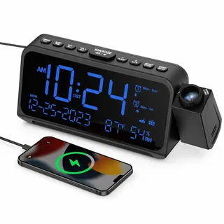 ROCAM Radiowecker mit Projektion, Projektionswecker für Schlafzimmer | 270° drehbar, 5 Helligkeitsstufen, LED Wecker mit Temperatur, Luftfeuchtigkeit, Doppelalarm, Snooze, USB-C & Nachtlicht