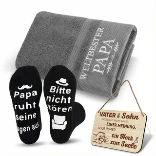 Charfia 3 Stück Papa Geschenk Set, Papa, Weltbester Papa Bestickt Handtuch, Socken und Holzschild, Vatertagsgeschenk von Sohn, Geschenke Geburtstag,Vatertag