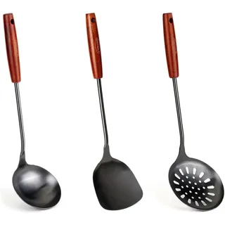 FJNATINH Wok Kelle, Wok Spatel Und SchaumlöFfel, Hohe Qualität Edelstahl KüChenhelfer Set,SpüLmaschinenfest,36,2-38,1 cm