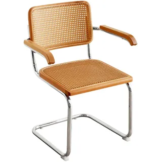 Mid Century Esszimmerstuhl Akzentstuhl mit natürlicher Rohrrückenlehne und rostfreiem Chromgestell, gepolsterter Holz-Rattan-Küchenstuhl für Wohnzimmer/Schlafzimmer/Esszimmer/Hof