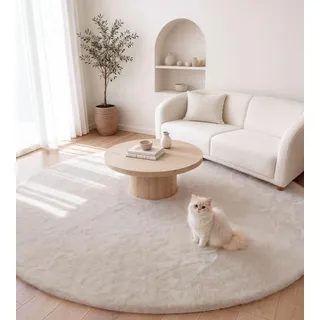 VOFUSHON Kunstfell Teppich Kurzflor Wohnzimmer Rund 90 cm Beige Waschbar | Kaninchenfell-Optik | Maschinenwaschbar & rutschfest | OEKO-TEX zertifiziert | Ideal für Sofa, Schlafzimmer & Kinderzimmer