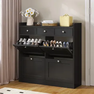 YITAHOME Schuhschrank mit 4 Klappen, Schuhregal Schuhkipper Schmal, Schuhregal mit 8 Ablageflächen Verstellbar, Schuhkommode Schuhschrank mit Schublade 100 x 25 x 85 cm für den Eingang, Flur (Schwarz)