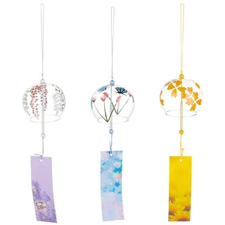 BENECREAT 3 Farben Glas Japanisches Rundes Windspiel, Helles Himmelblau Hellgoldenes Gelb Hellviolettes Windspiel Mit Segensanhänger Aus Papier Für Garten, Terrasse, Balkondekoration