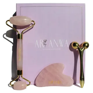 ARI ANWA Skincare ARI ANWA Premium Kollektion - Face Yoga Kit: Gua Sha Rosenquarz, Rosenquarz Gesichtsroller + 3D Massager | Straffe Haut & Definierte Konturen - Gua Sha und Gesichtsroller Set