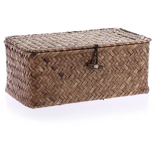 IGNPION Aufbewahrungskorb aus Seegras mit Deckel, gewebter Seegras-Schreibtischkorb, rechteckig, Badezimmer-Aufbewahrungsbox, Regale und Schreibtische, Mehrzweck-Aufbewahrungskorb (Kaffeebraun, XS)