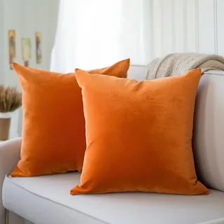 Encasa Homes Kissenbezüge aus Samt - 2er-Set (50x50 cm) - Orange- Uni gefärbt, weich & glatt, waschbar, quadratisch, großer Wurfkissenbezug für Couch, Sofa, Stuhl, Bett und Wohnbereich