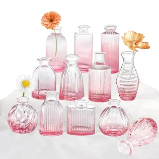 Rosa Vase, 12er-Set Glas-Knospenvasen, Klein, für Blumen, Bunte gerippte Blumenvasen zur Dekoration, im Großpack, Vintage-Deko, Hochzeits- und Brautparty-Mittelstücke, Tischdekoration für Zuhause