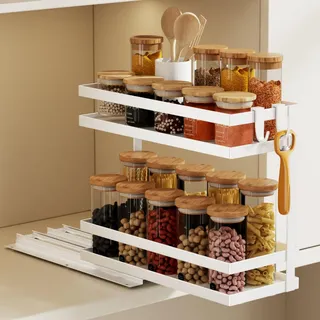 Magheo Gewürzregal Ausziehbar, Metall Gewürz Organizer Schrank, 2 Etagen Herausziehen Gewürzregal Stehend, Kleines Gewürzregals Ohne Bohren Innenschrank Küchen Spice Rack Pull Out (1 Stück-Weiß)