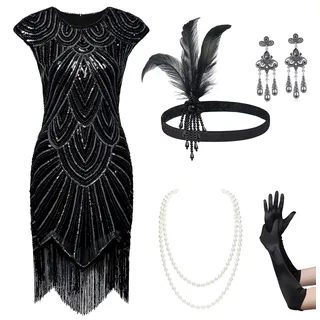 BABEYOND Damen-Charleston-Kleid, 1920er-Jahre, Perlen, Fransen, Great-Gatsby-Kleid, Set - Schwarz, 3XL
