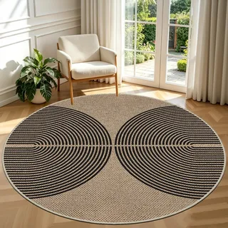 Capslpad Teppich Rund 200cm, Jute Aussehen Outdoor Teppich Wetterfest, Waschbar rutschfest Natürlich Teppiche für Wohnzimmer, Balkon, Terrasse, Küche, Garten, Farbe:Schwarz