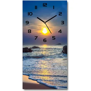 Wanduhr aus Glas – 30x60 cm - Glasbild - Glasuhr - Gehärtetes Glas -Sonnenuntergang Strand - Blau