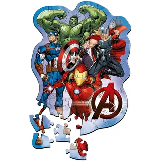 Trefl - Holzpuzzle: Marvel Avengers, Die Abenteuer der Avengers - 50 Teile, Formen-Puzzle Wooden Puzzle, Unregelmäßige Formen, 10 Figuren, Modernes Puzzle für Kinder ab 5 Jahren
