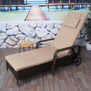 Poly-Rattan Sonnenliege Carrara, Relaxliege Gartenliege Liege, Alu braun, Kissen beige - Braun