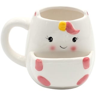 Dekohelden24 Kaffeebecher Kaffeetasse mit Keksfach aus Keramik-Motiv: Einhorn-Größe: ca. H/Ø: 10 x 7 cm/Fassungsvermögen: 300ml, Weiß-rosa, 10 cm